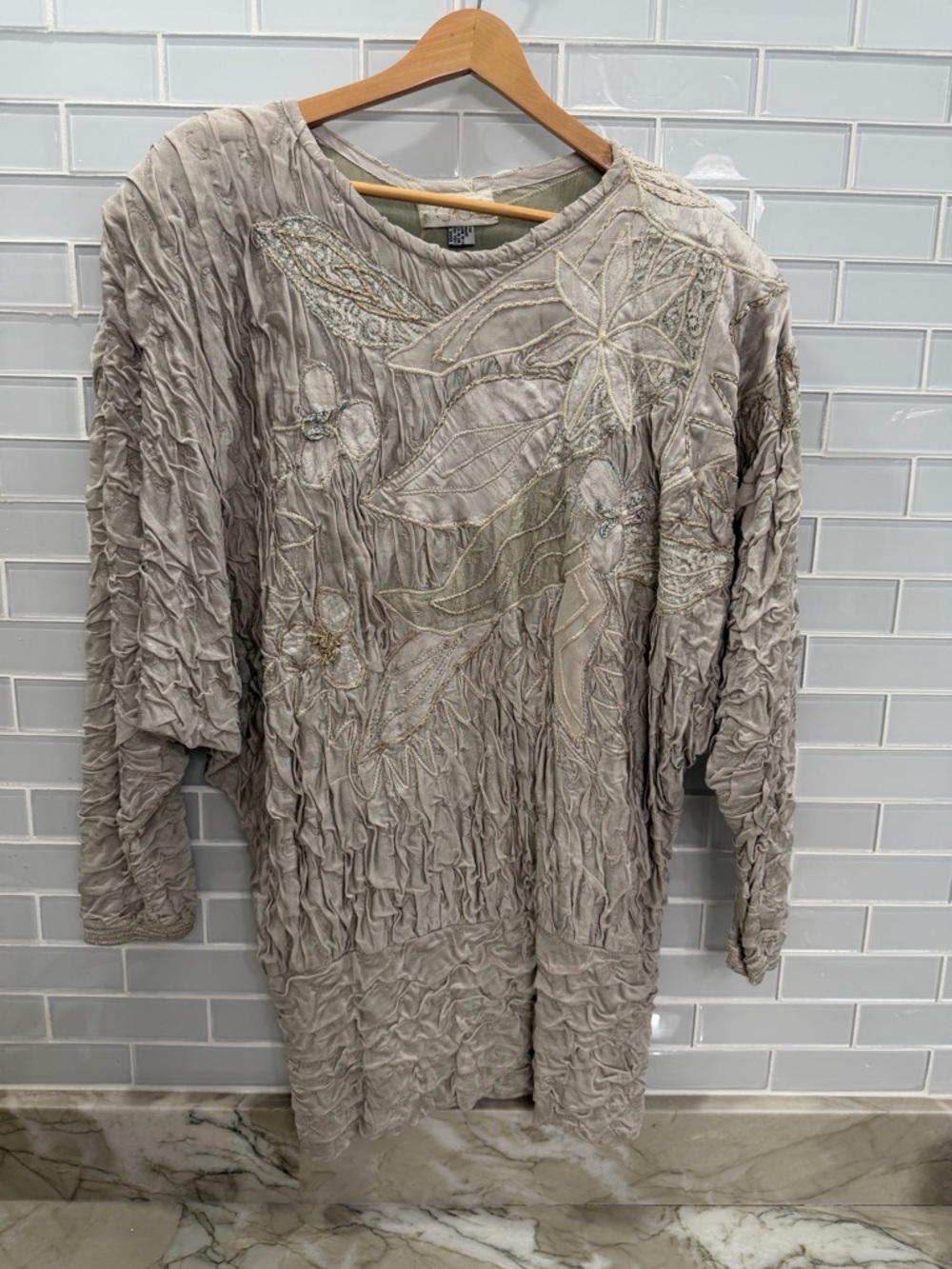 Caché Textured Embroidered Tunic Top Small Oversized Boho Neutral